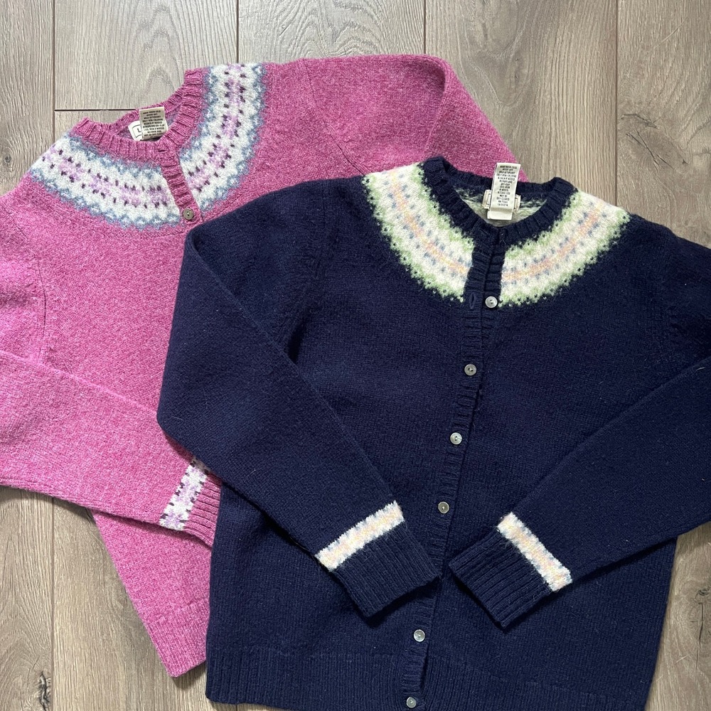 Lot 2 LL Bean Womens Shetland Wool Fair Isle Cardigan Sweaters Pink Navy S SM